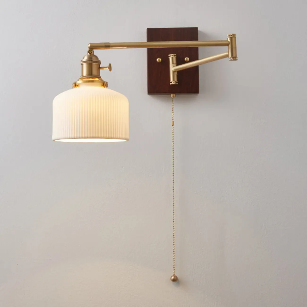Vintage Bedside Walnut Swing Arm Wall Light with Glass Shade | homeyfad