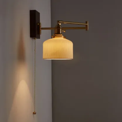 Vintage Bedside Walnut Swing Arm Wall Light with Glass Shade