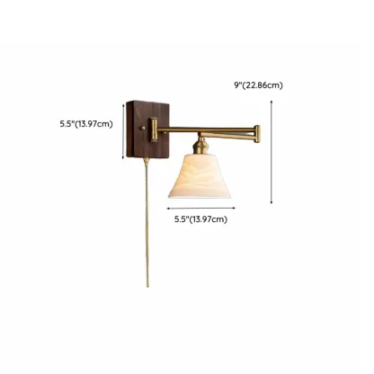 Vintage Bedside Walnut Swing Arm Wall Light with Glass Shade