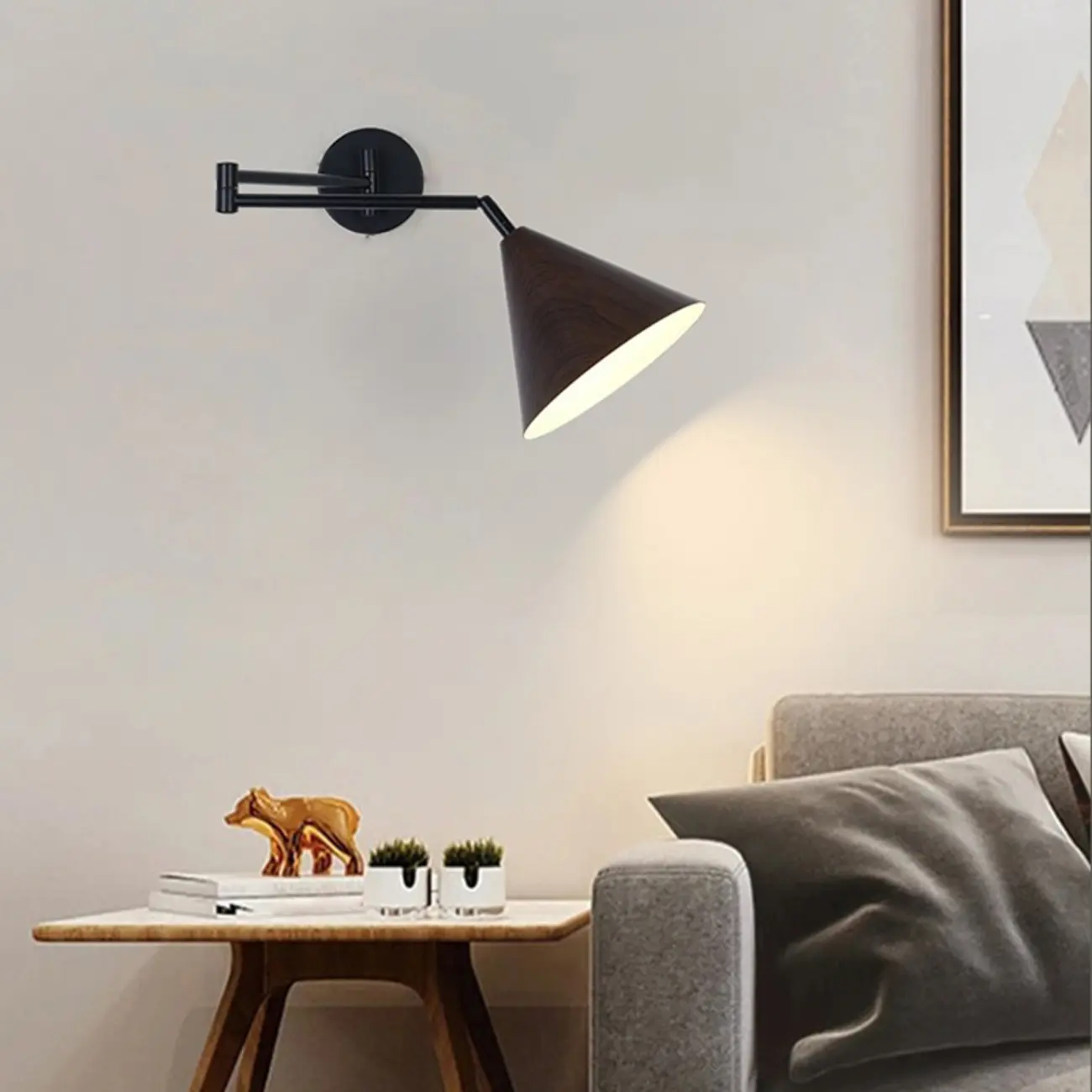 Modern Metal Wall Light with Adjustable Arm & Wood Shade Image - 1 | homeyfad