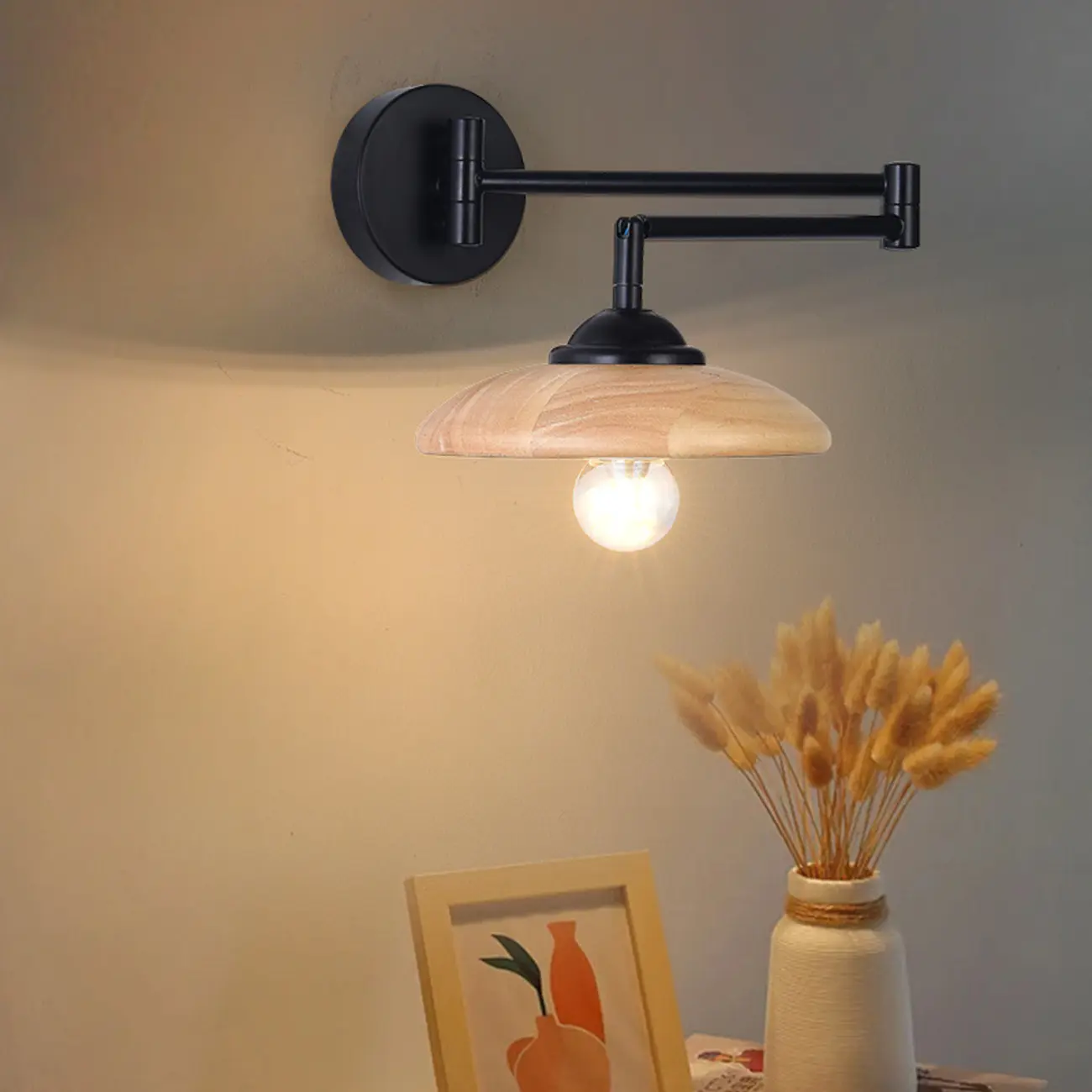 Modern Metal Wall Light with Adjustable Arm & Wood Shade Image - 2 | homeyfad
