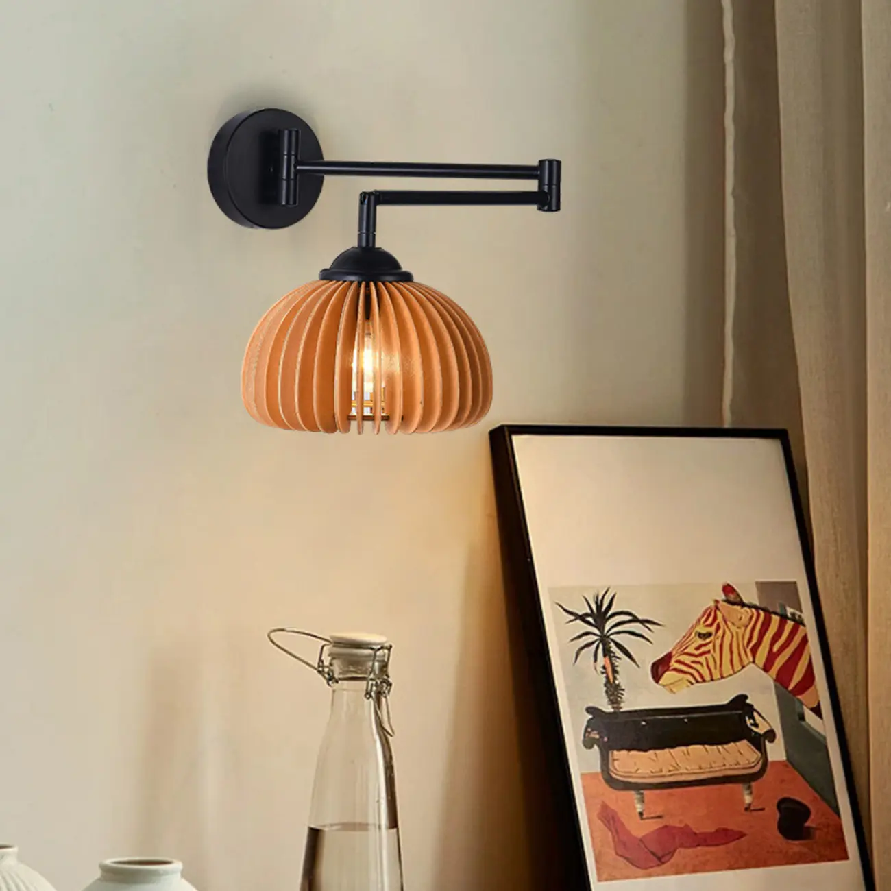 Modern Metal Wall Light with Adjustable Arm & Wood Shade Image - 3 | homeyfad