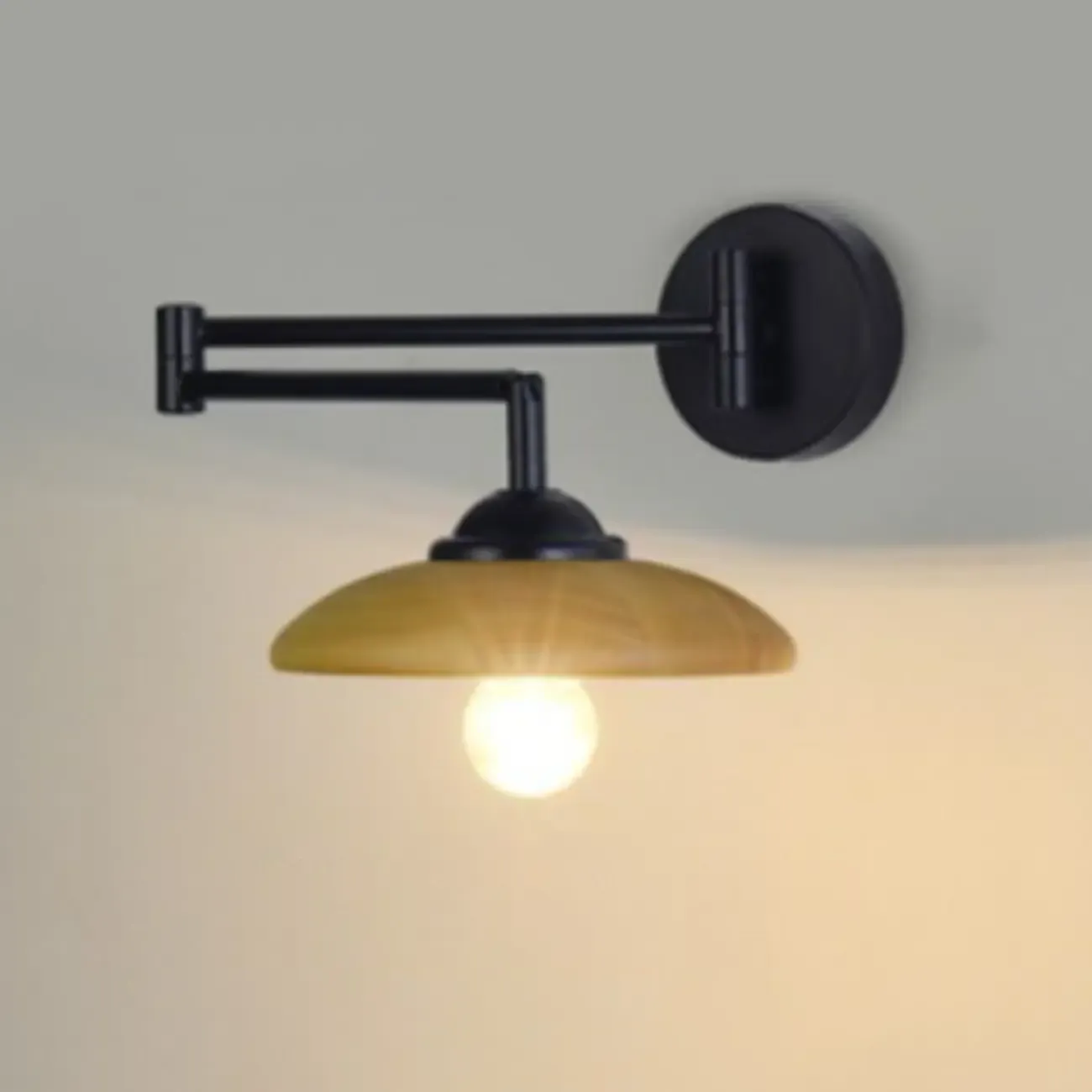 Modern Metal Wall Light with Adjustable Arm & Wood Shade Image - 4