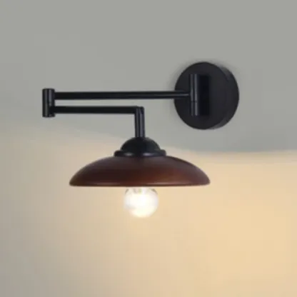 Modern Metal Wall Light with Adjustable Arm & Wood Shade Image - 5