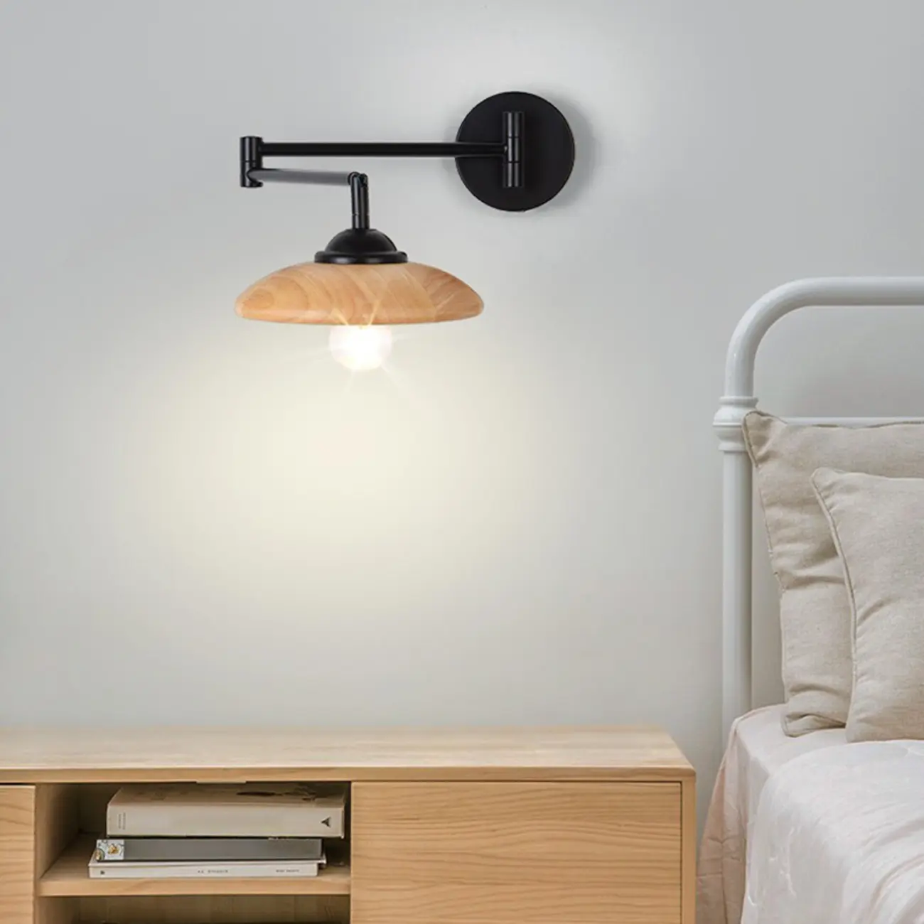 Modern Metal Wall Light with Adjustable Arm & Wood Shade Image - 6 | homeyfad