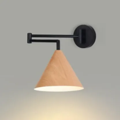 Modern Metal Wall Light with Adjustable Arm & Wood Shade Image - 9