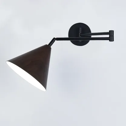 Modern Metal Wall Light with Adjustable Arm & Wood Shade Image - 13
