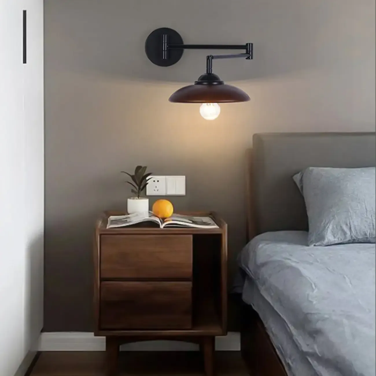 Modern Metal Wall Light with Adjustable Arm & Wood Shade Image - 18