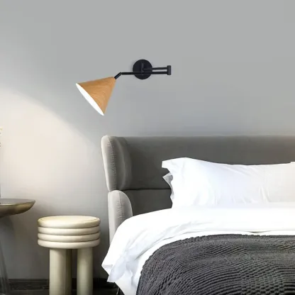 Modern Metal Wall Light with Adjustable Arm & Wood Shade Image - 19