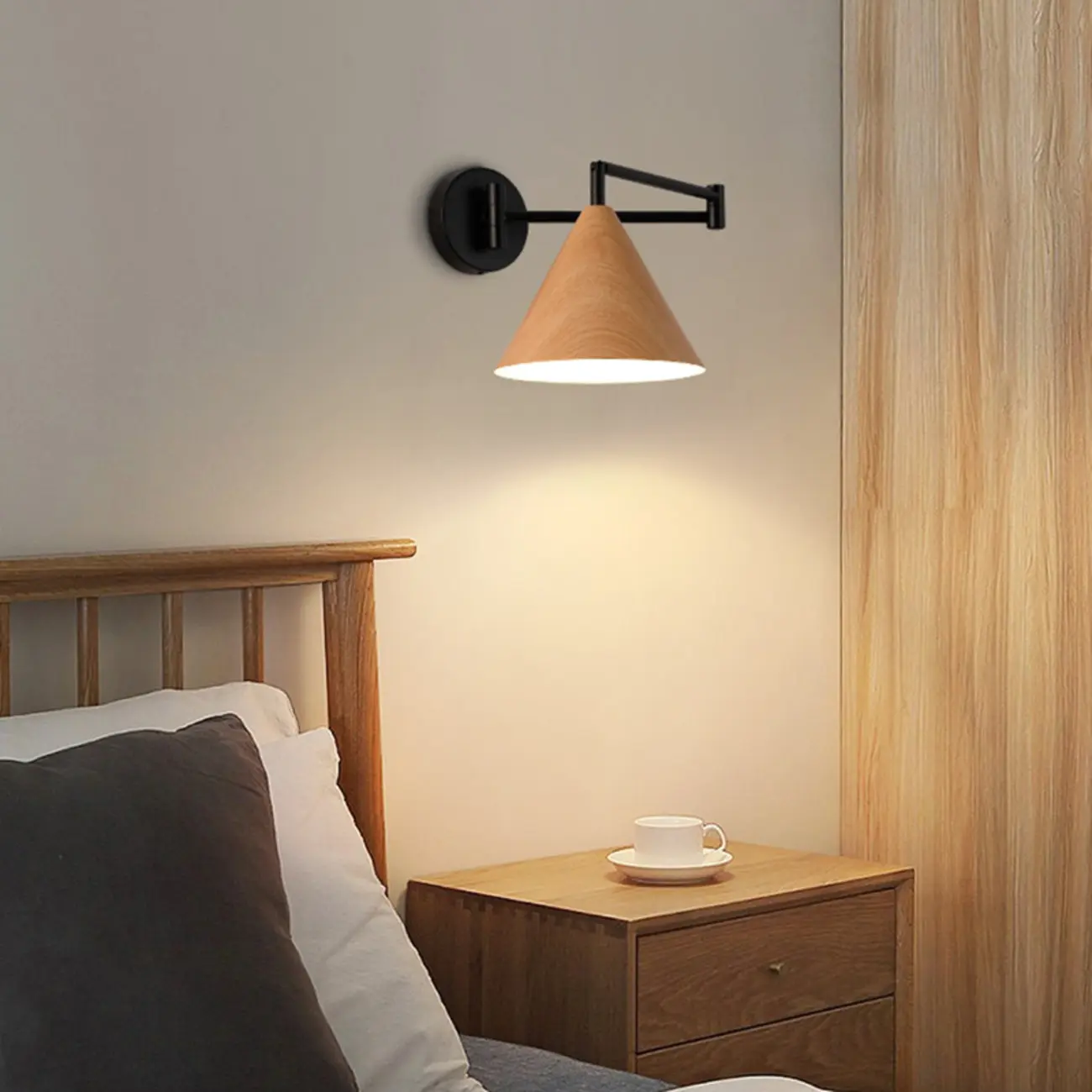Modern Metal Wall Light with Adjustable Arm & Wood Shade Image - 20 | homeyfad