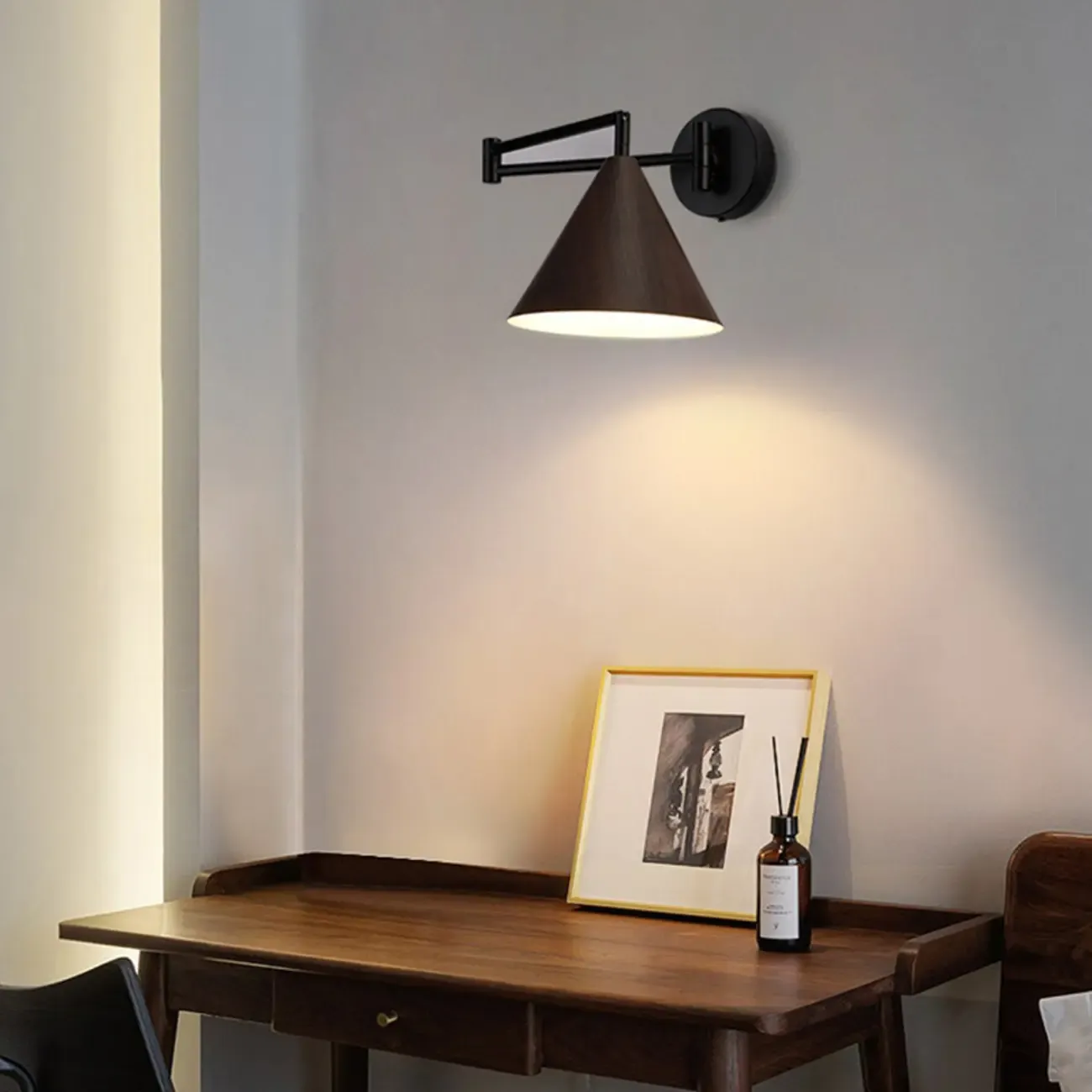 Modern Metal Wall Light with Adjustable Arm & Wood Shade Image - 21