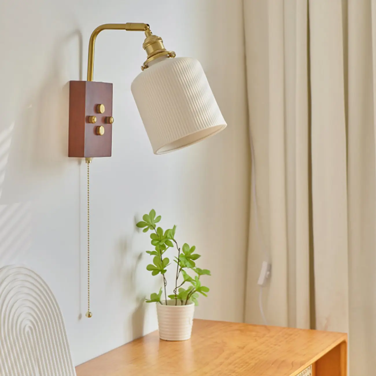 Modern Walnut Wall Light with Ribbed Glass Shade Image - 2 | homeyfad