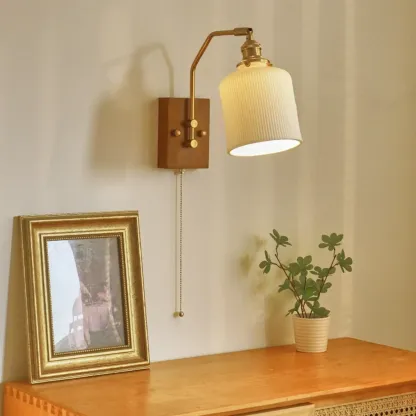 Modern Walnut Wall Light with Ribbed Glass Shade Image - 7
