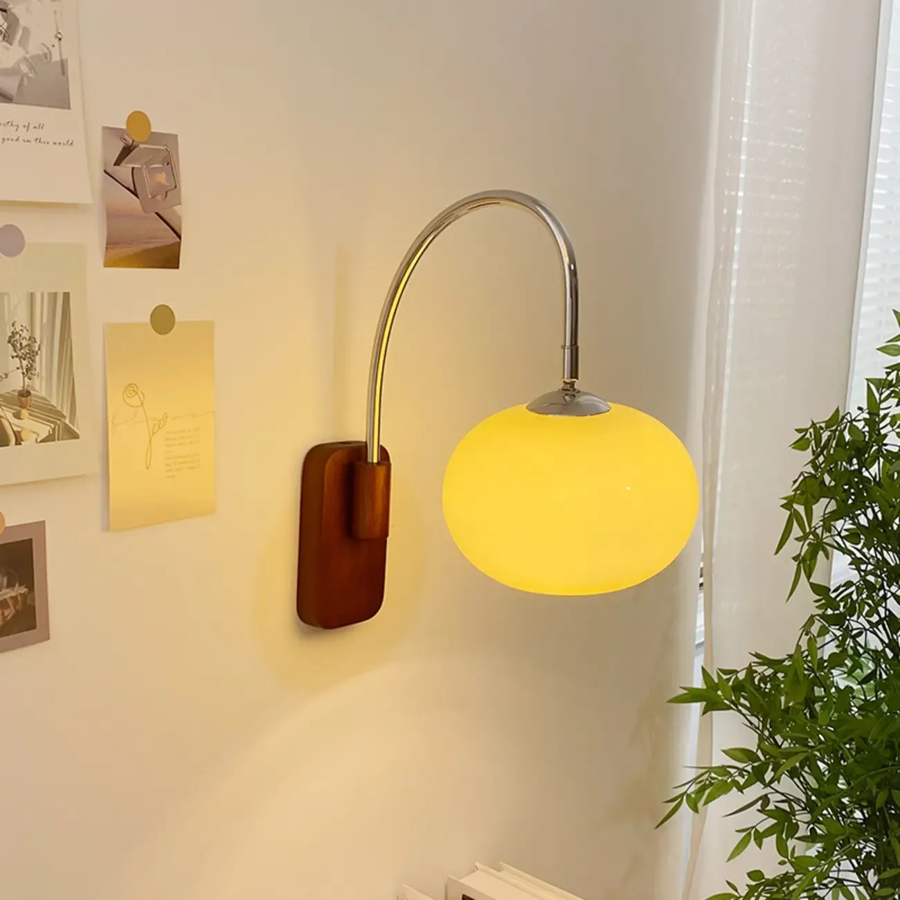 Modern Wall Light with Wooden Base and Glass Shade Image - 1