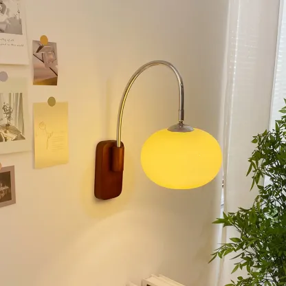 Modern Wall Light with Wooden Base and Glass Shade Image - 1