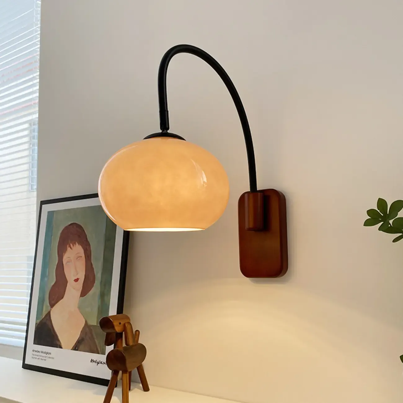 Modern Wall Light with Wooden Base and Glass Shade Image - 2