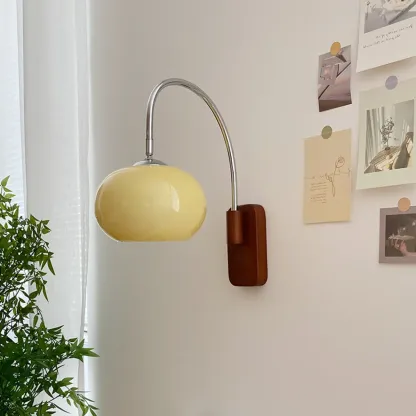 Modern Wall Light with Wooden Base and Glass Shade Image - 3