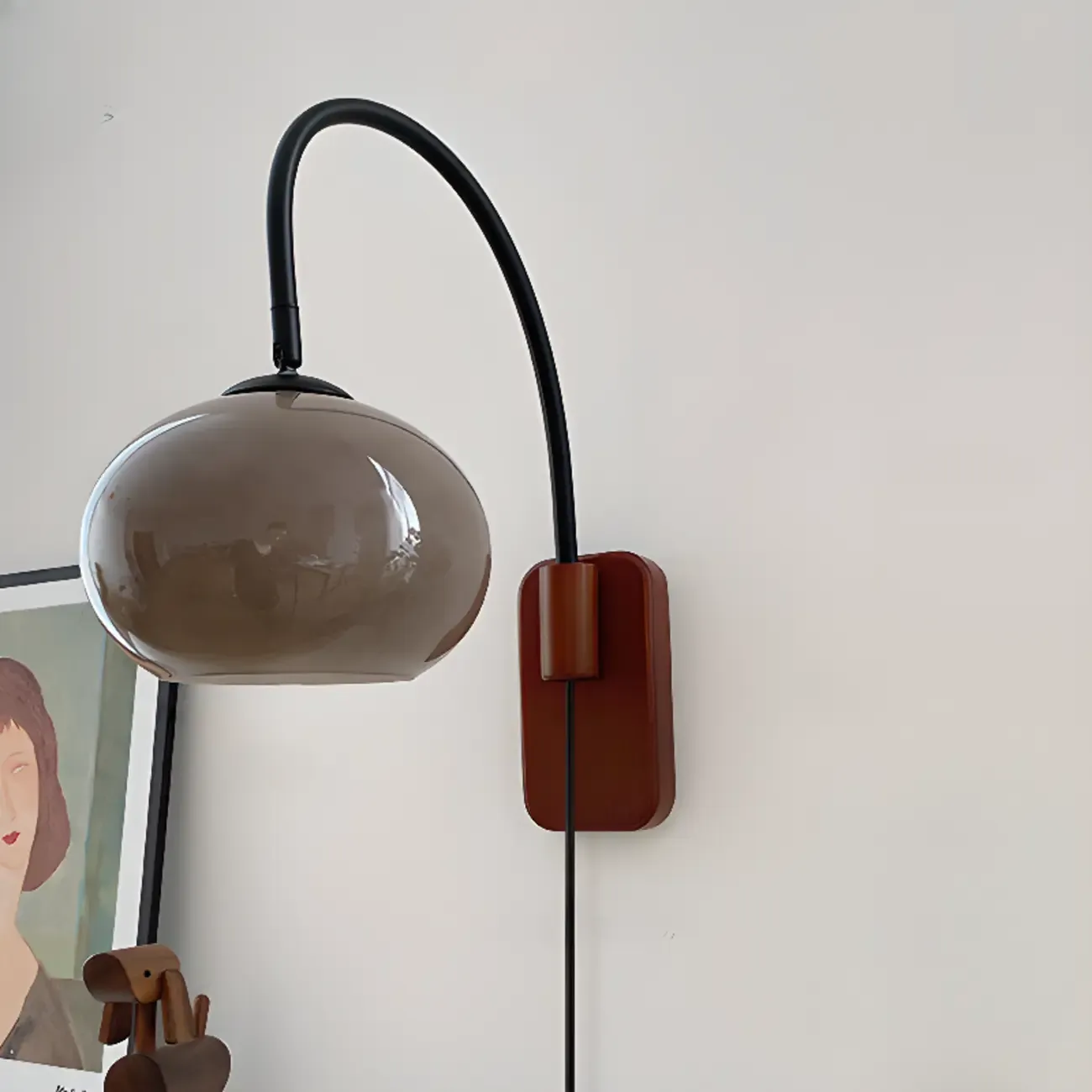 Modern Wall Light with Wooden Base and Glass Shade Image - 9