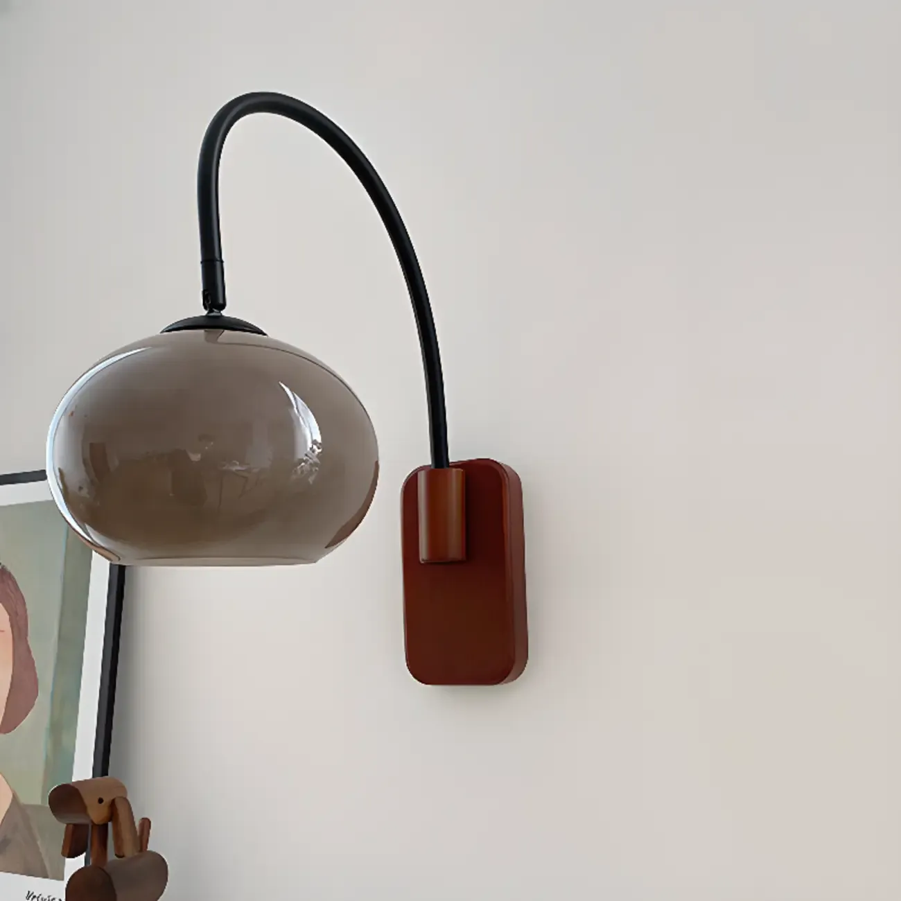 Modern Wall Light with Wooden Base and Glass Shade Image - 12