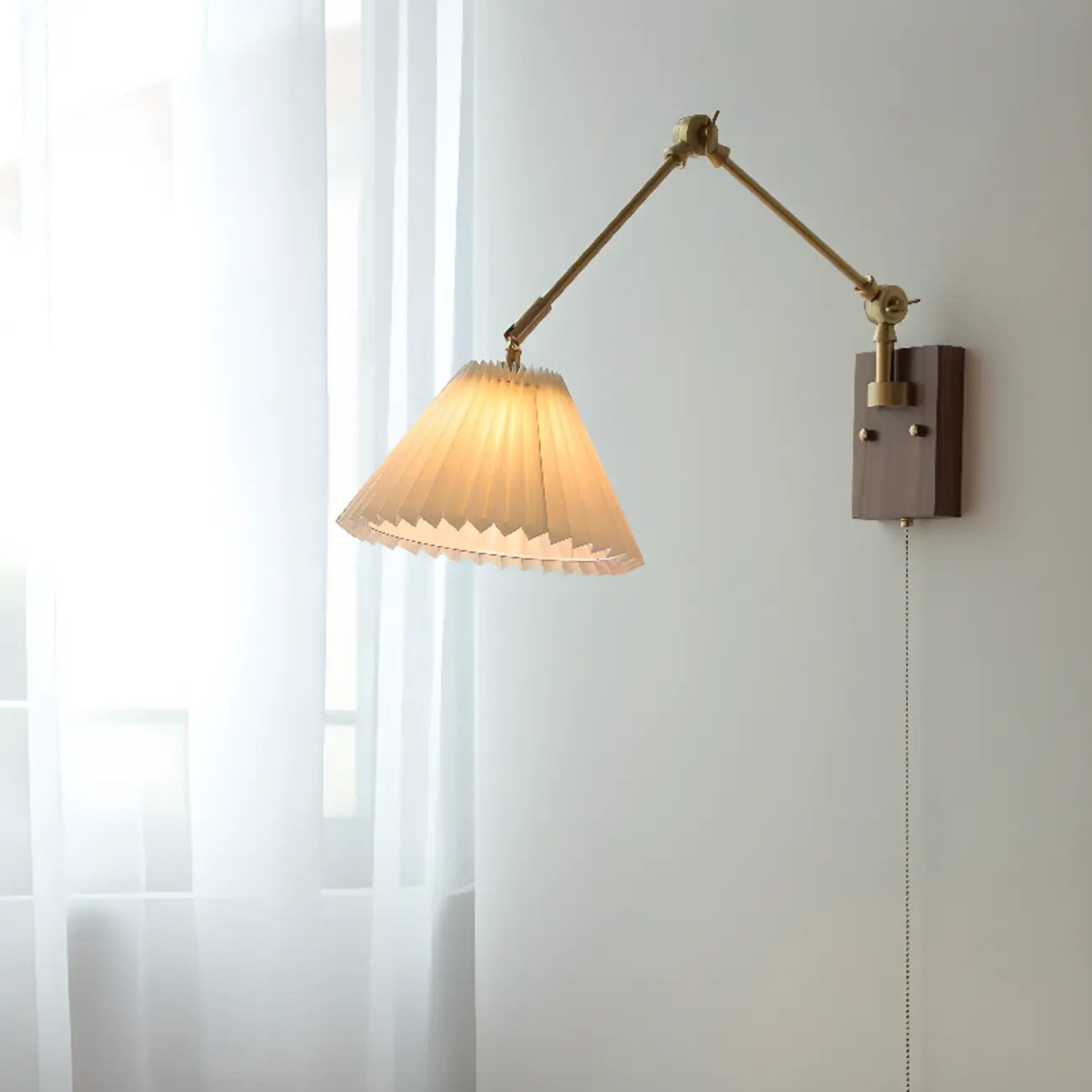 Vintage Swing Arm Wall Light with Pleated Fabric Shade Image - 1 | homeyfad