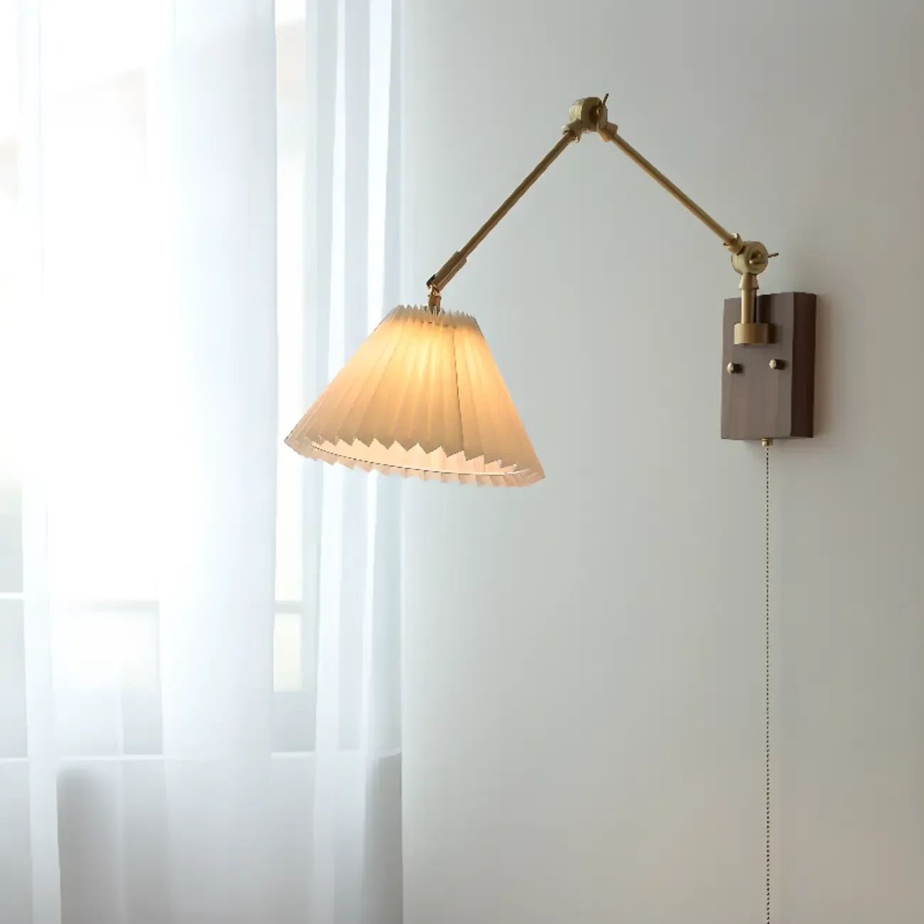 Vintage Swing Arm Wall Light with Pleated Fabric Shade Image - 1
