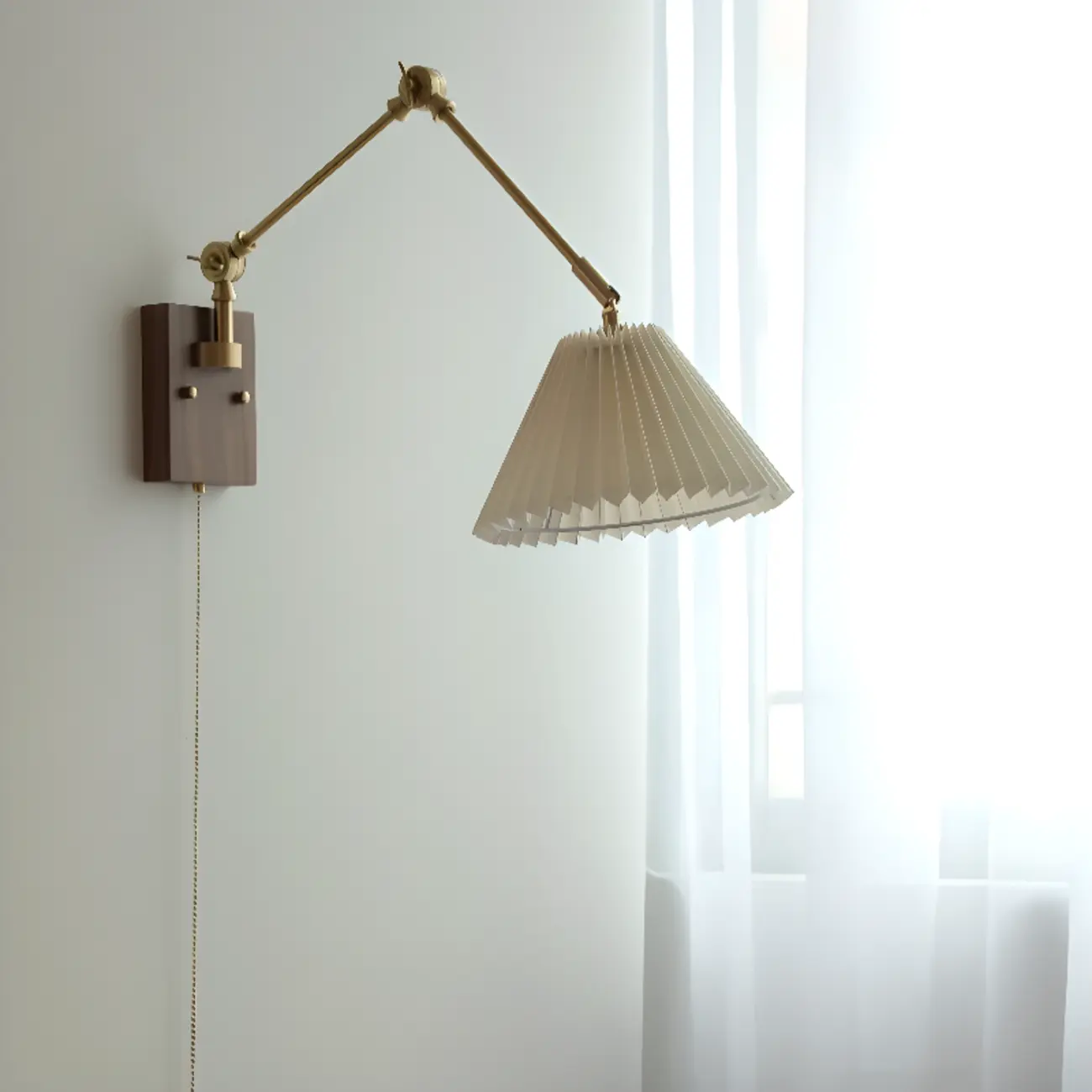 Vintage Swing Arm Wall Light with Pleated Fabric Shade Image - 2 | homeyfad