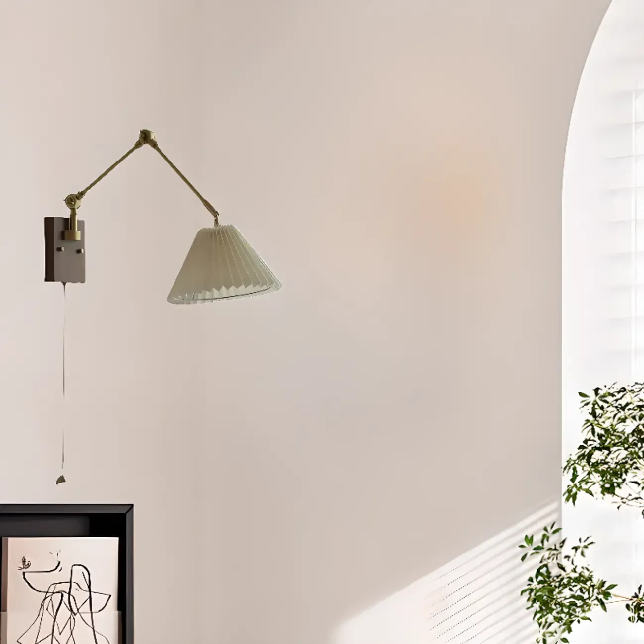 Vintage Swing Arm Wall Light with Pleated Fabric Shade Image - 3
