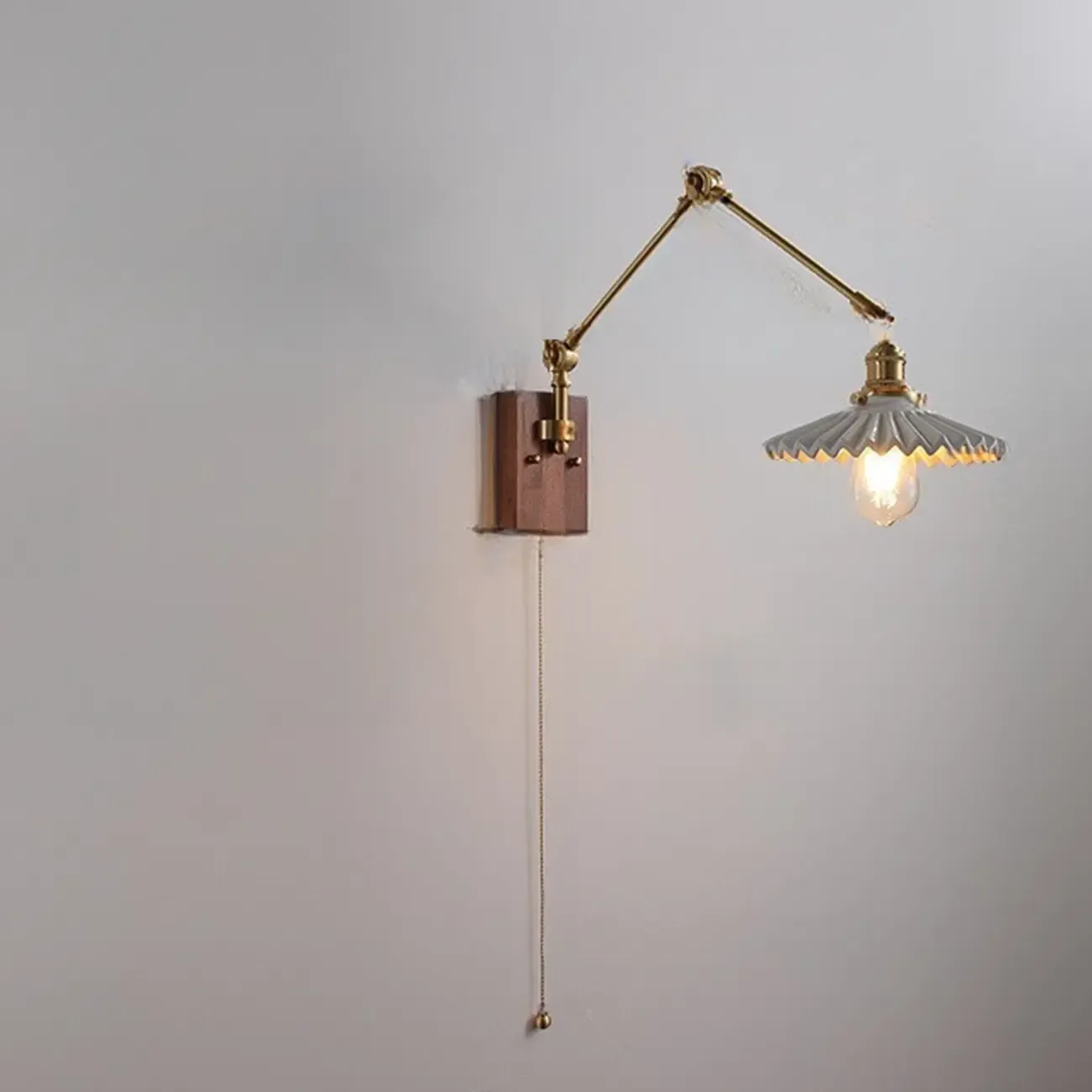 Vintage Swing Arm Wall Light with Pleated Fabric Shade Image - 9