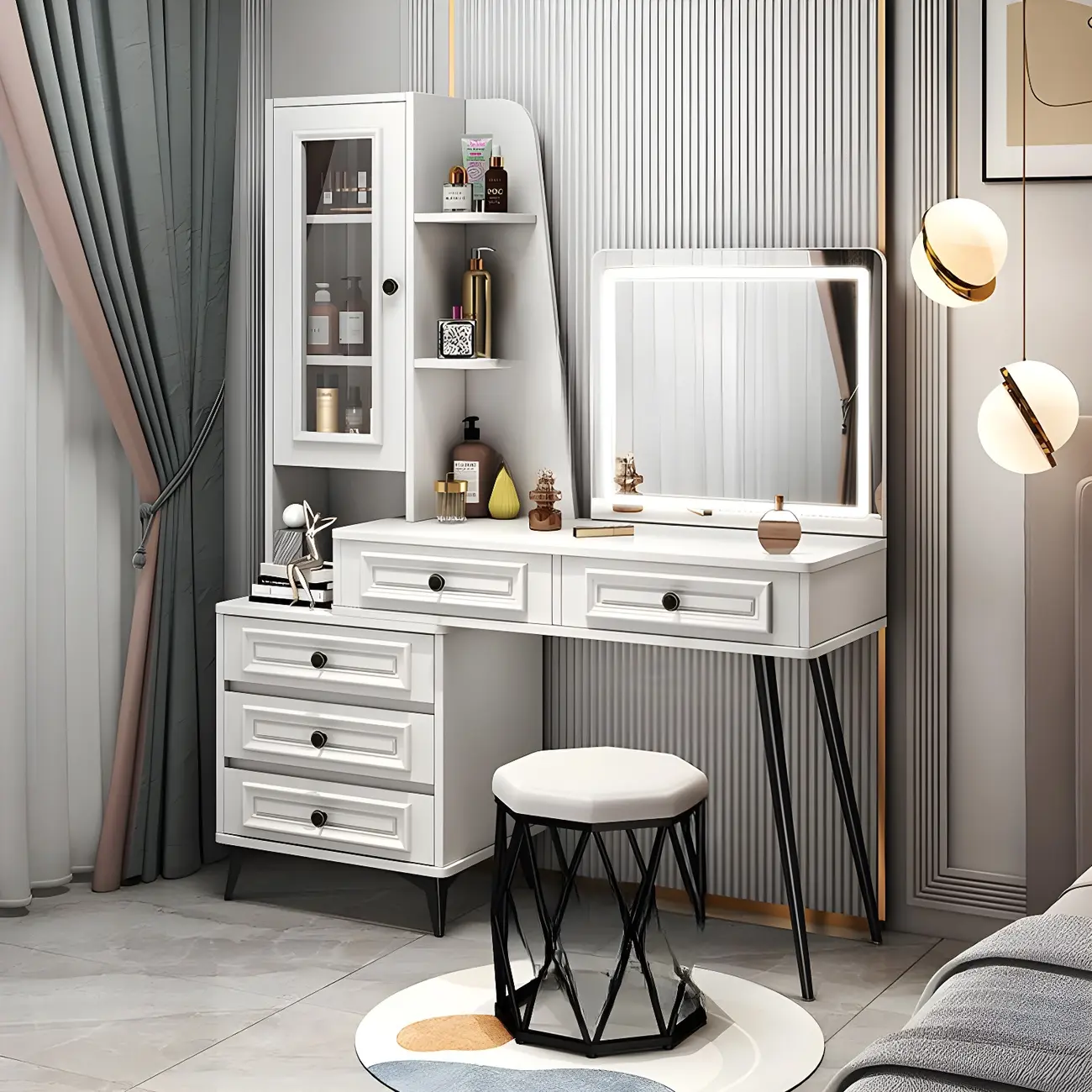 White Wood Makeup Vanity Set with Mirror and Tabletop Storage Image - 1 | homeyfad