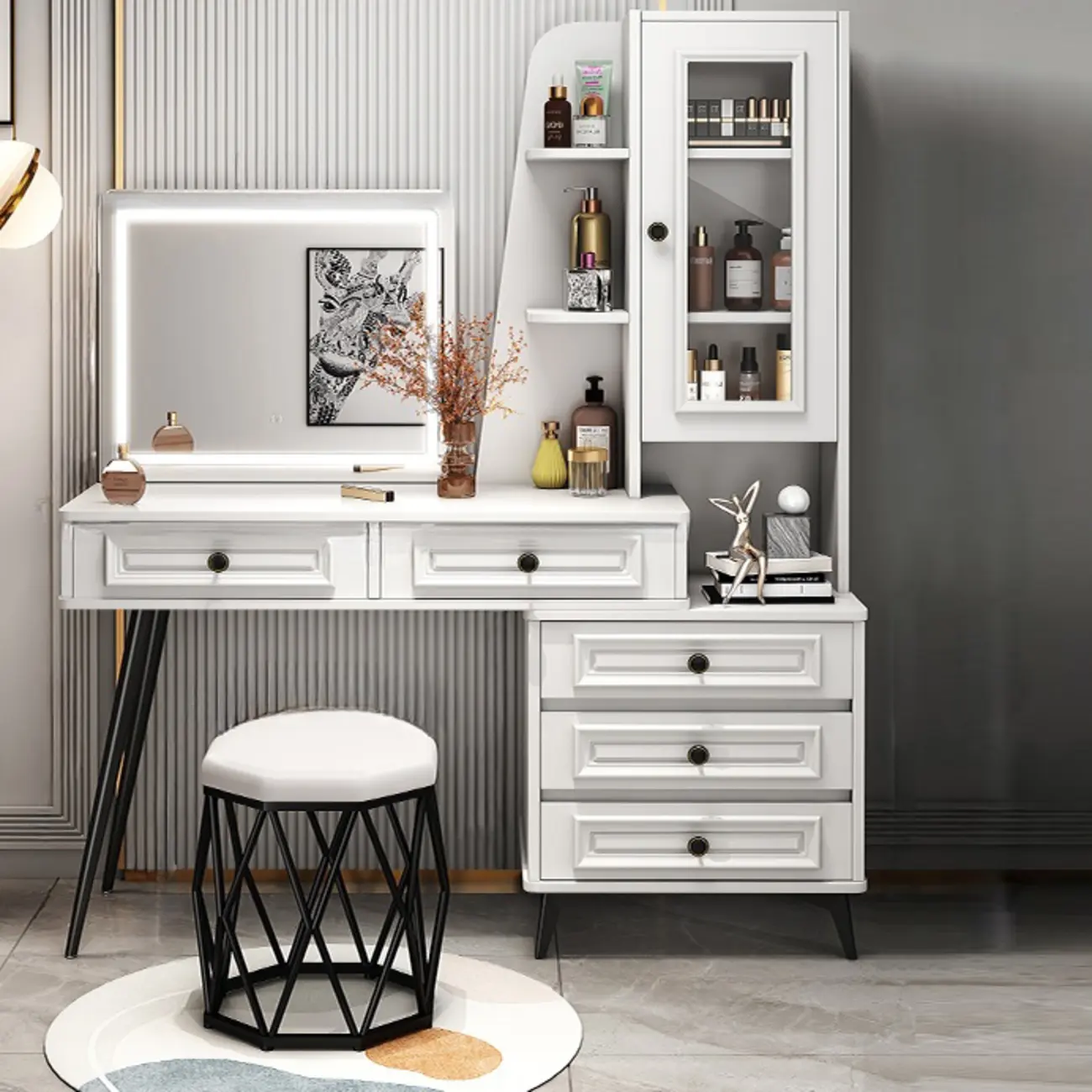 White Wood Makeup Vanity Set with Mirror and Tabletop Storage Image - 2 | homeyfad