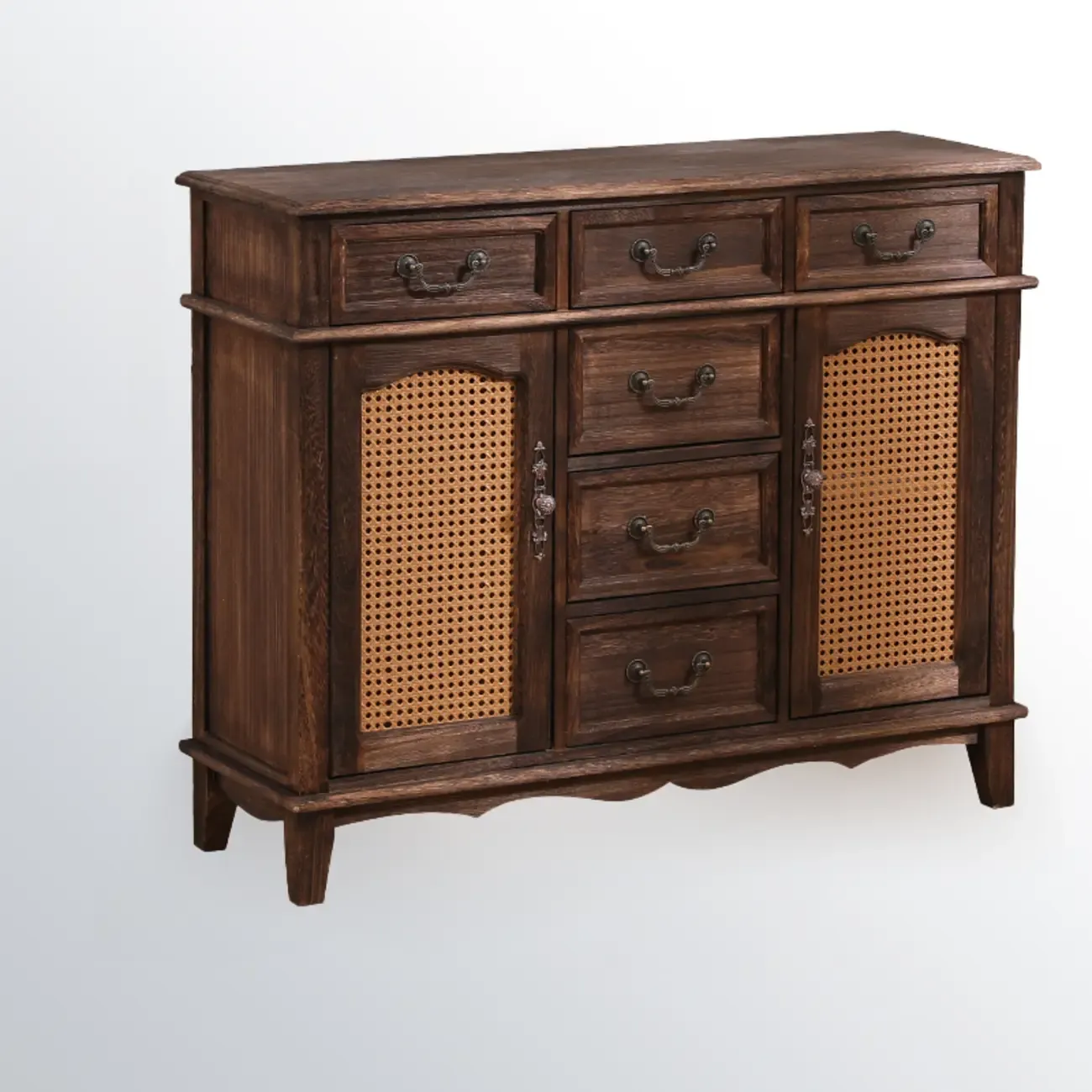 Rustic Wooden Cabinet with Rattan-Weaved for Living Room  Image - 2