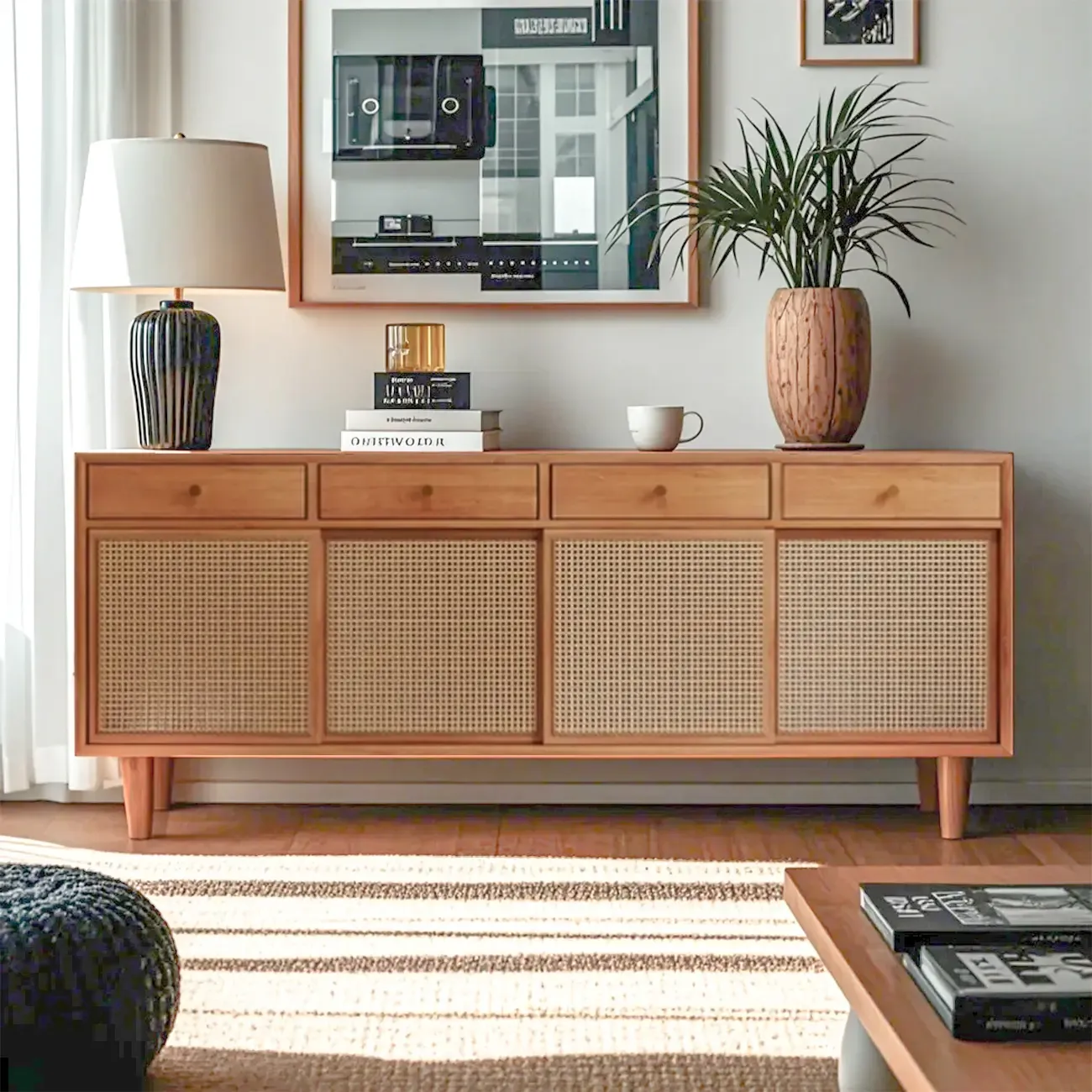 Nordic Minimalist Rattan Cabinet with Free-Standing Design  Image - 1