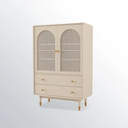 Modern Beige Solid Wood Accent Cabinet with 2 Drawers Image - 5