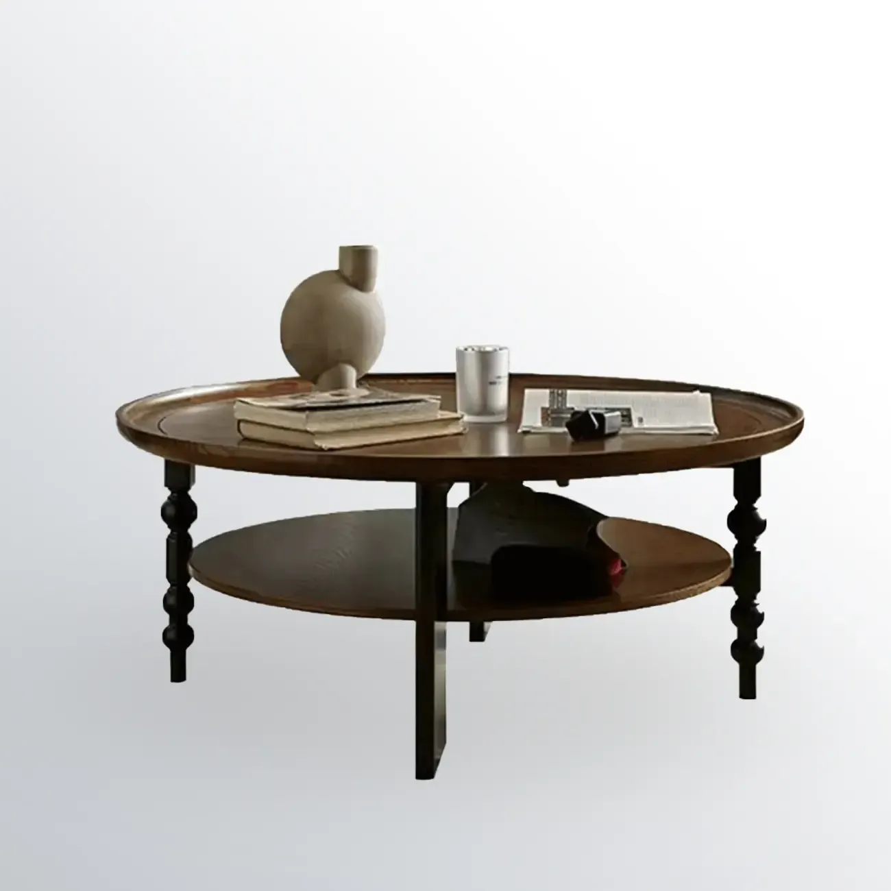 Vintage Wooden Round Coffee Table with Shelf & Tray Top Image - 7