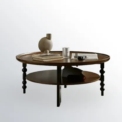 Vintage Wooden Round Coffee Table with Shelf & Tray Top Image - 7
