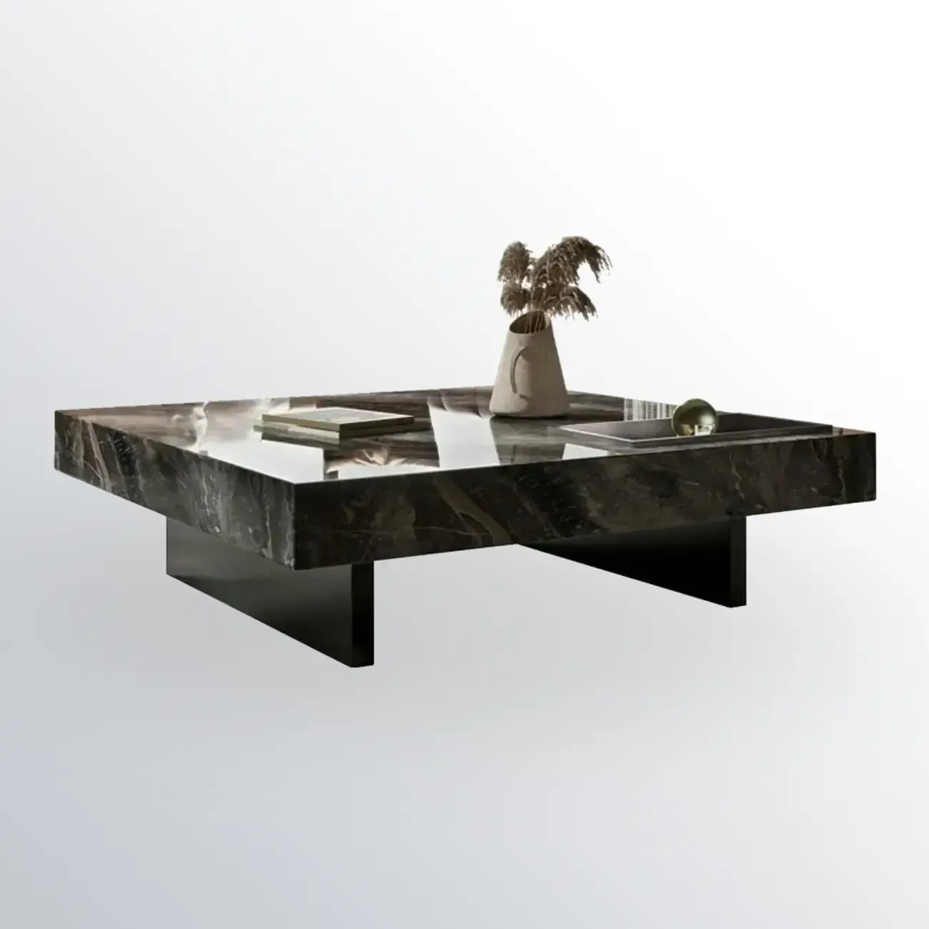 Modern Low Stone Square Coffee Table with Double Pedestal Image - 5