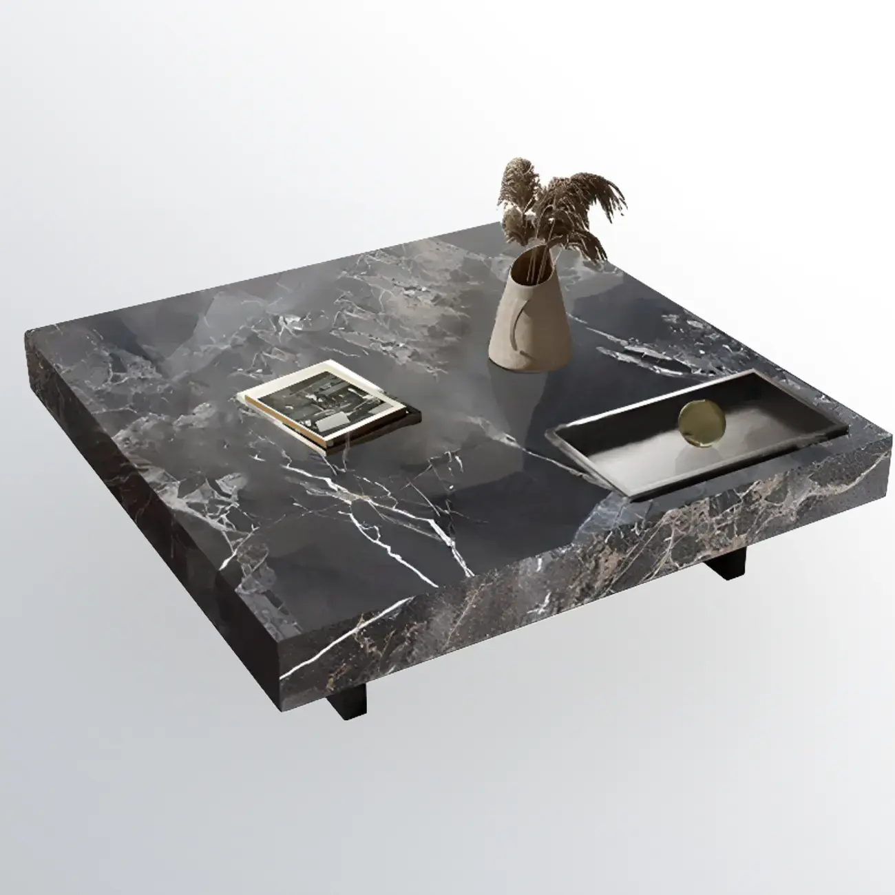 Modern Low Stone Square Coffee Table with Double Pedestal Image - 10 | homeyfad