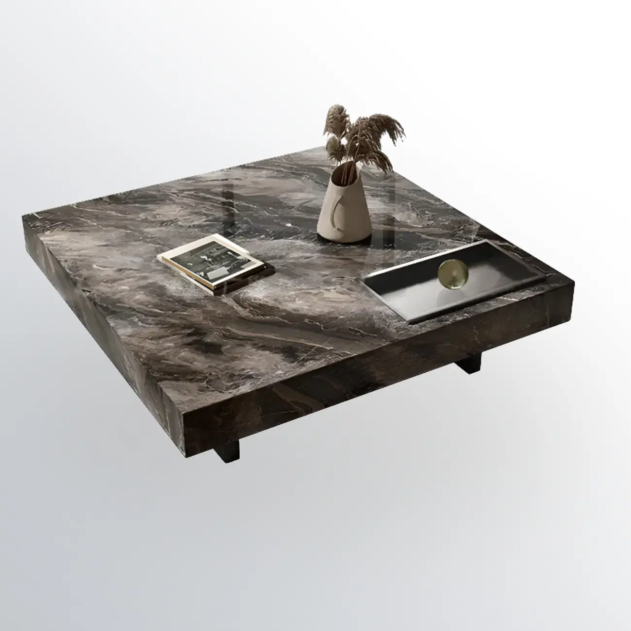 Modern Low Stone Square Coffee Table with Double Pedestal Image - 11 | homeyfad