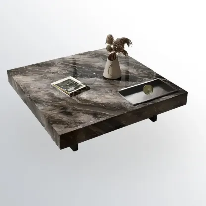 Modern Low Stone Square Coffee Table with Double Pedestal Image - 11