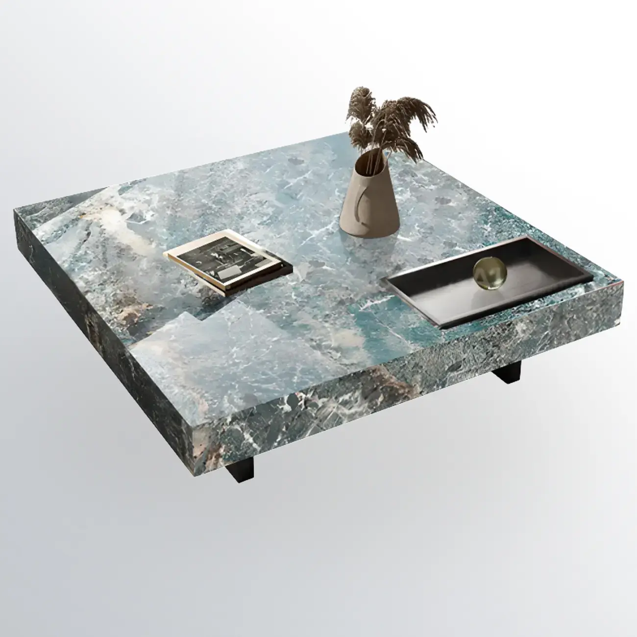 Modern Low Stone Square Coffee Table with Double Pedestal Image - 12 | homeyfad
