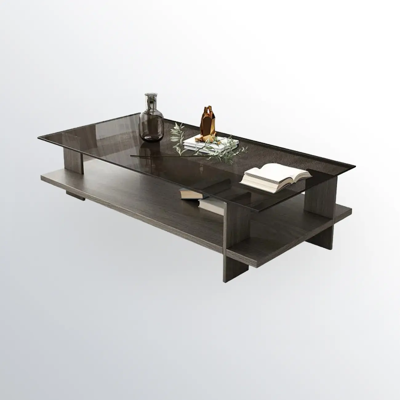 2-Tier Modern Glass Rectangular Coffee Table with Wood Base Image - 2 | homeyfad