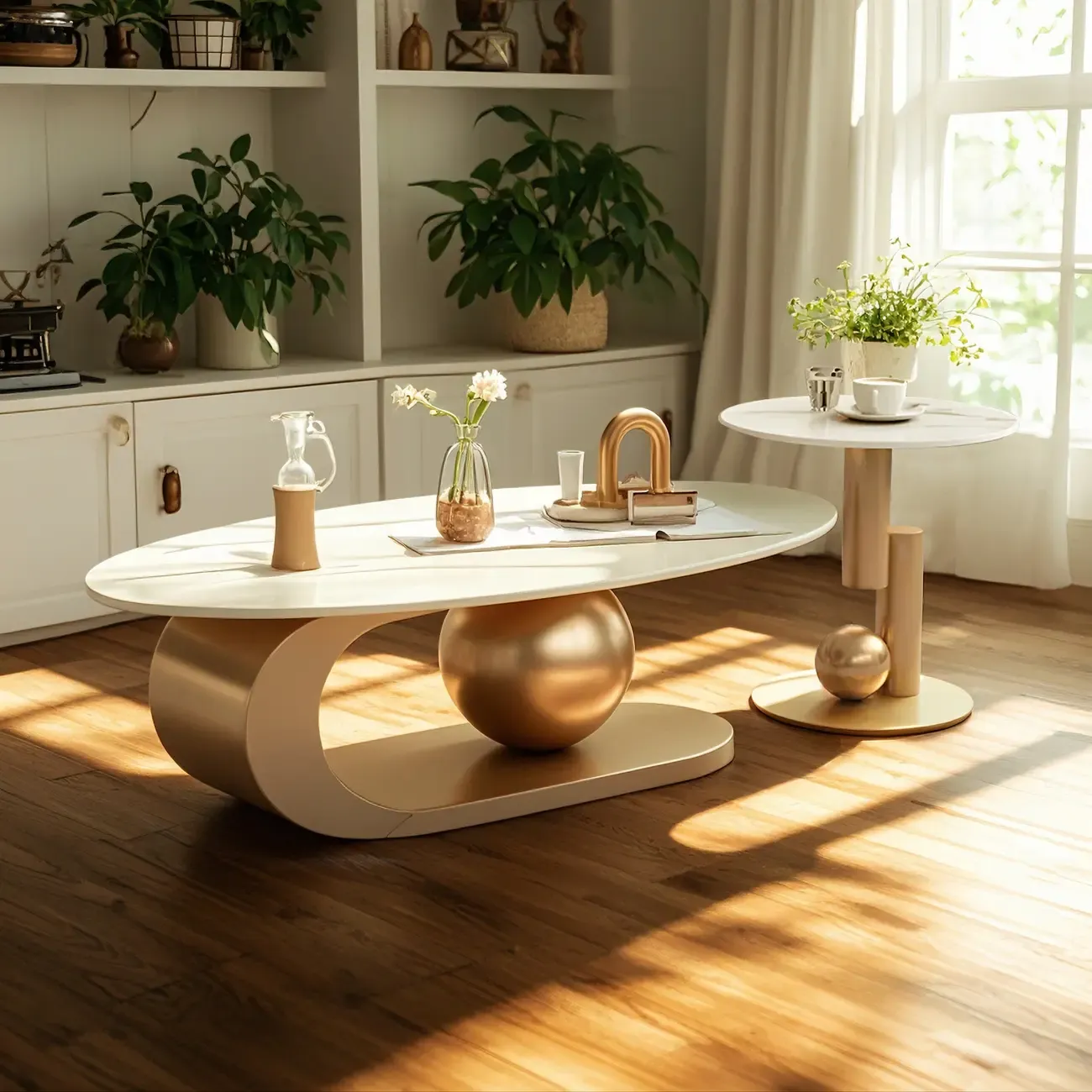 White Stone Oval Modern Bunching Accent Tables Image - 1