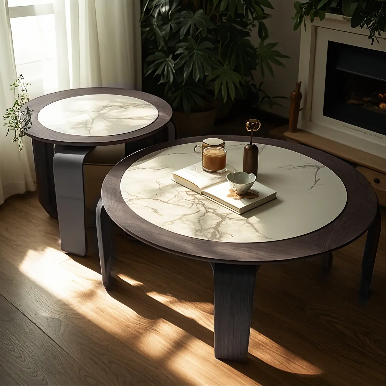 Unique Marble Round 2 Nesting Coffee Table Set with Wood Base Image - 1 | homeyfad