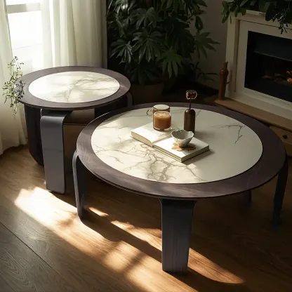 Unique Marble Round 2 Nesting Coffee Table Set with Wood Base Image - 1