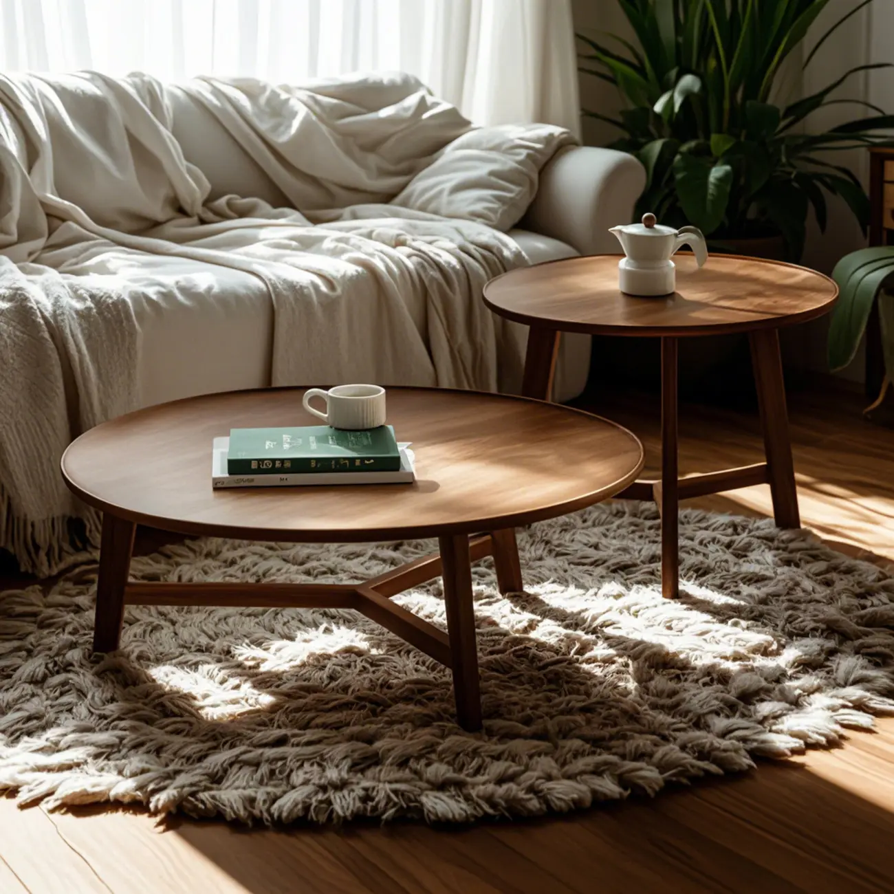 Mid-century Wooden Round Coffee Table Set with Cross Legs Image - 1 | homeyfad