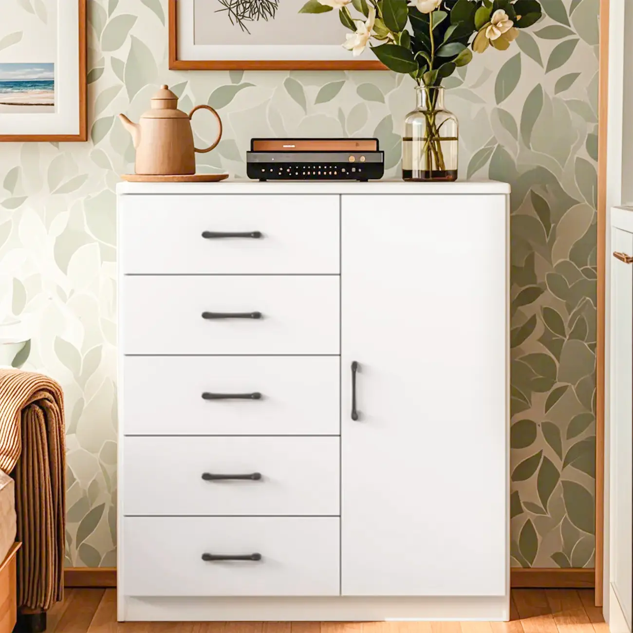 Minimalist White Storage Cabinet with Soft Close & Drawers  Image - 1 | homeyfad