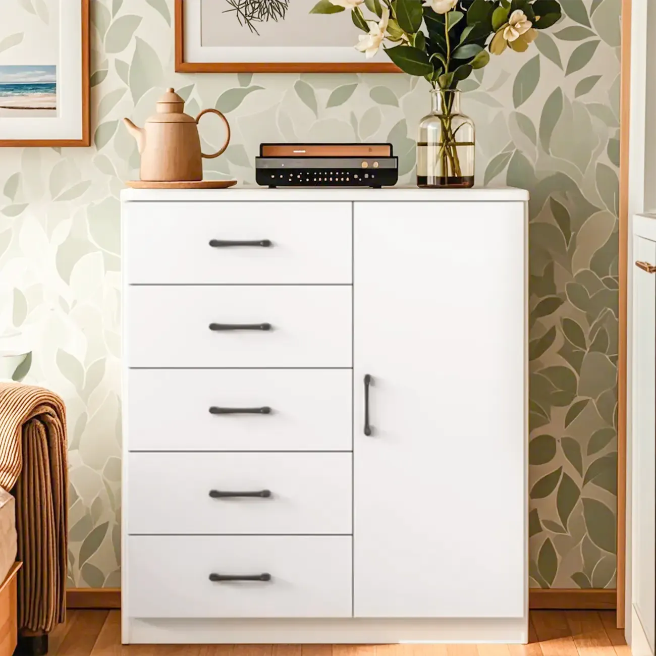 Minimalist White Storage Cabinet with Soft Close & Drawers  Image - 1