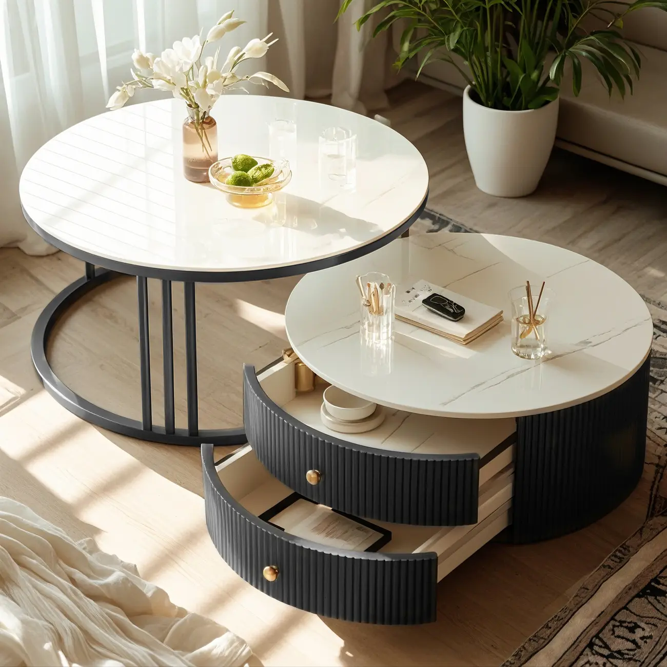 Modern White Round Nesting Coffee Table Set with Steel Base Image - 1 | homeyfad