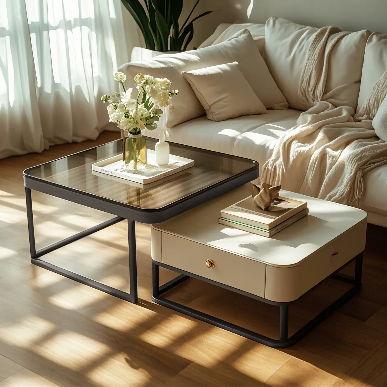 Modern 3-in-1 Set of Iron Frame Nesting Coffee Tables with Stylish Square Top and Black Base Image - 1 | homeyfad