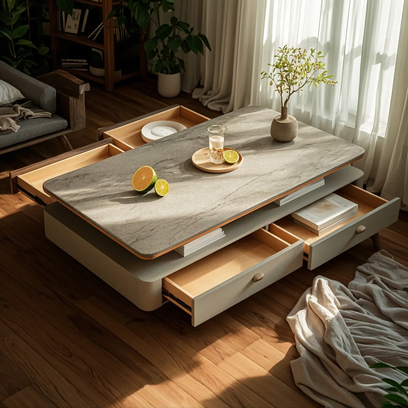 Geometric Gray Rectangular Coffee Table with 4 Drawers Image - 1 | homeyfad